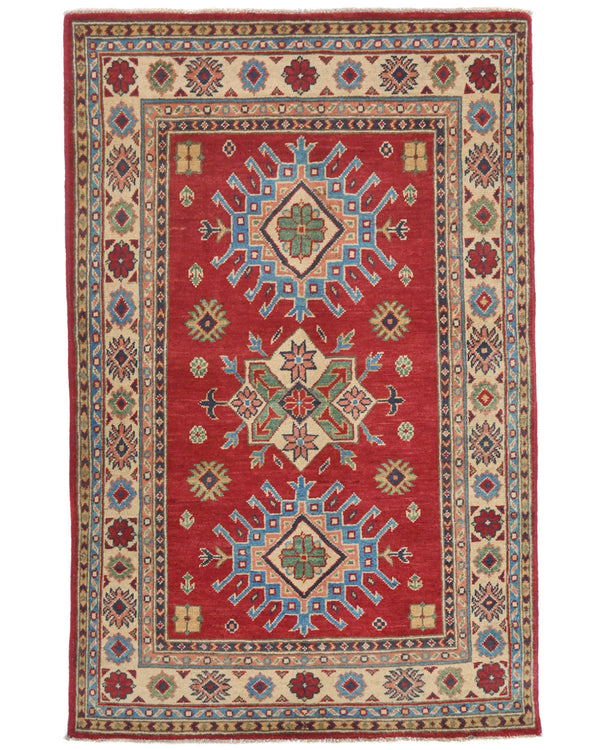 3x5 Red Kuba Afghan Hand Knotted Wool Area Rug